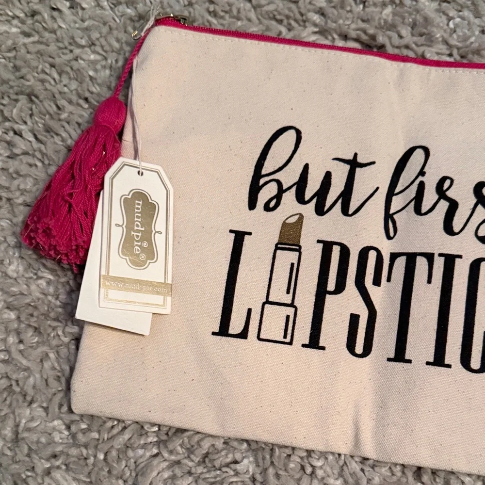 Makeup Pouch - 'But First Lipstick' Canvas Cosmetic Bag with Pink Tassel